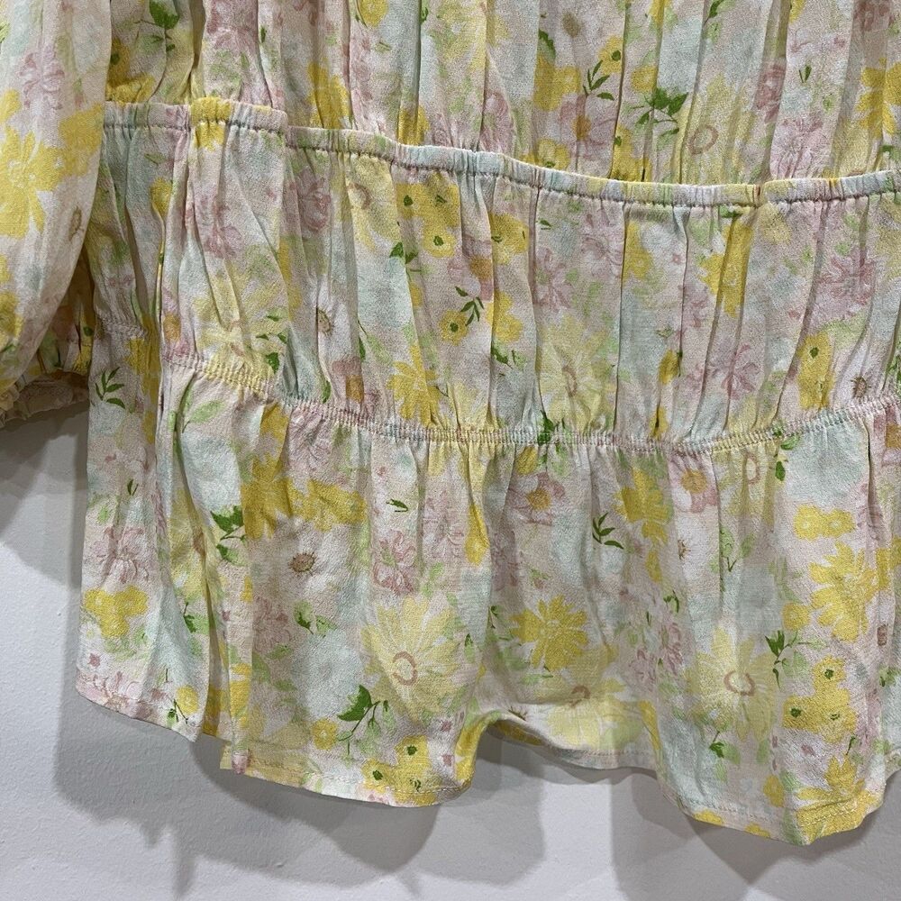 Sophie Rue Yellow Floral Cropped Puff Sleeve Peasant Top Size Medium Cottage - Picture 2 of 5